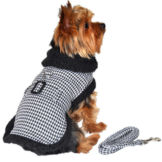 Black and White Classic Houndstooth Dog Harness Coat with Leash