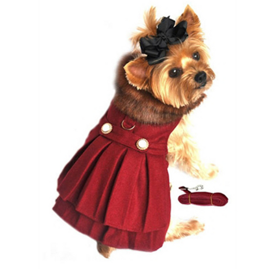 Wool Fur-Trimmed Dog Harness Coat - Burgundy